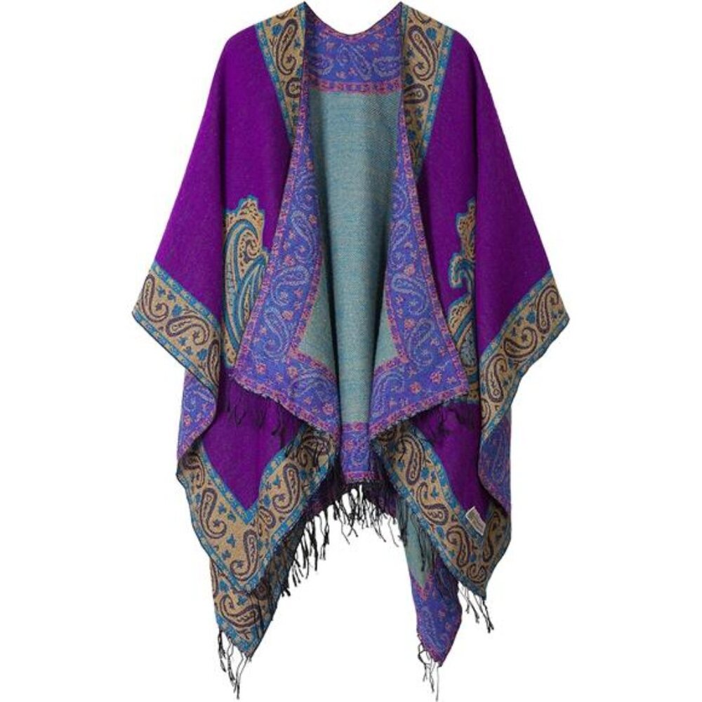Women's Retro Style Vintage Pattern Tassel Poncho Shawl Cape Wraps